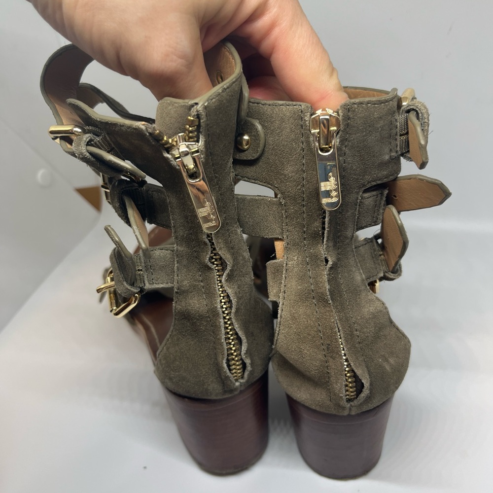 BELLE Sigerson Morrison Gray Suede Strappy Block Heel Sandals sz 7.5 - Picture 4 of 12